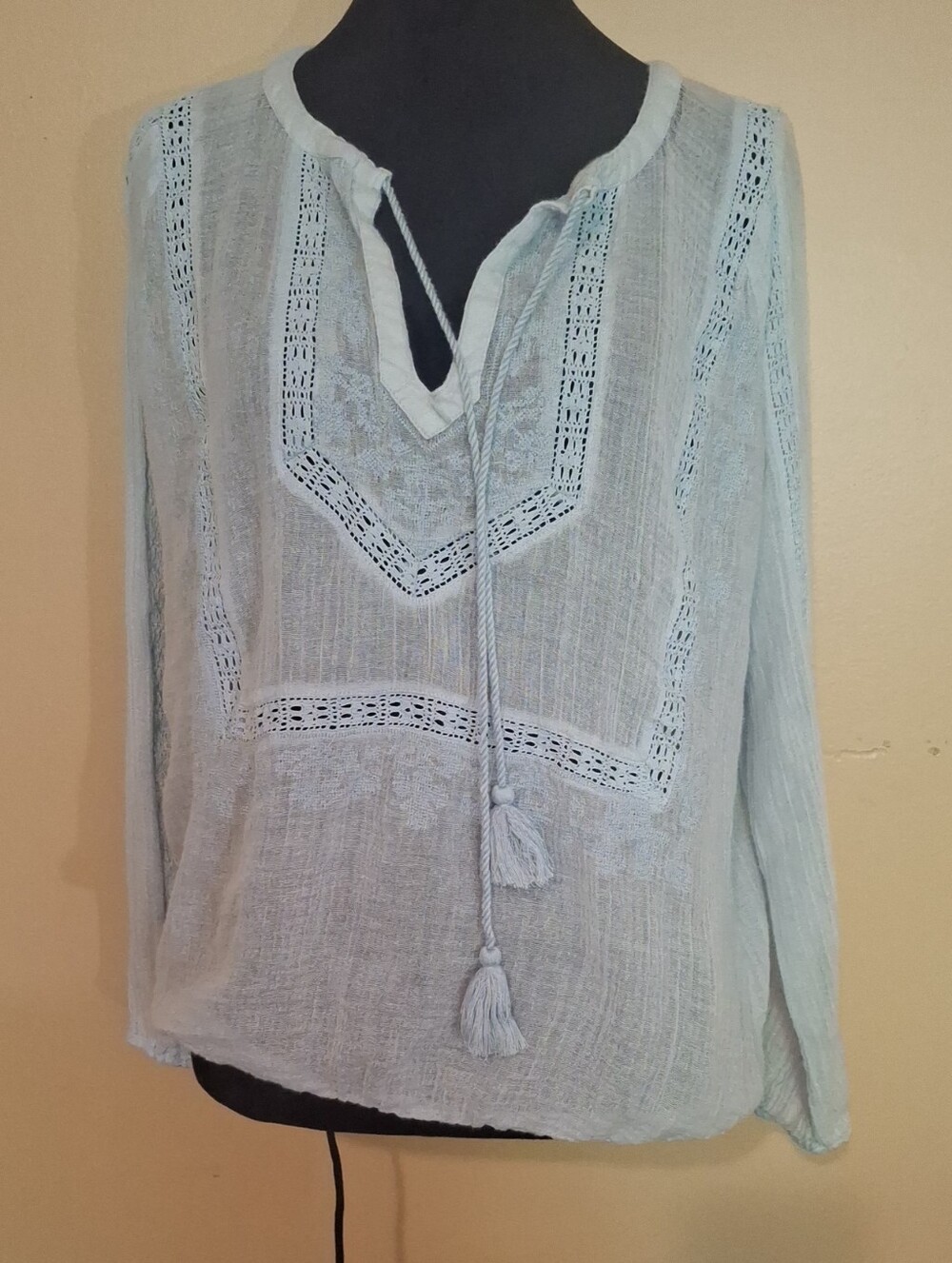 Lucky Brand Embroidered Peasant Blouse with Tassel Tie